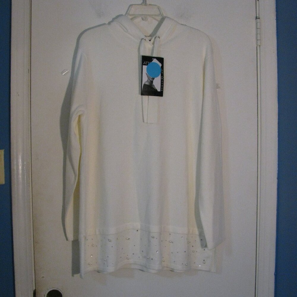 Attitudes by Renee Hoodie Sweater Large NWT Cream Ivory Pearls Rhinestones Hood